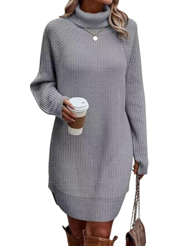 ORANDESIGNE Strickkleid Damen Winter Pulloverkleid Langarm Winterkleid Elegant Rollkragen Mini Strickpullover Herbst Winterkleidung Freizeit Kleid A Hellgrau L von ORANDESIGNE