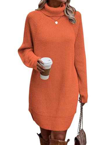 ORANDESIGNE Strickkleid Damen Winter Pulloverkleid Langarm Winterkleid Elegant Rollkragen Mini Strickpullover Herbst Winterkleidung Freizeit Kleid A Orange XL von ORANDESIGNE