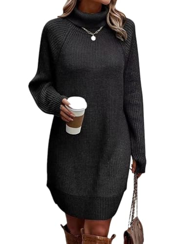 ORANDESIGNE Strickkleid Damen Winter Pulloverkleid Langarm Winterkleid Elegant Rollkragen Mini Strickpullover Herbst Winterkleidung Freizeit Kleid A Schwarz L von ORANDESIGNE