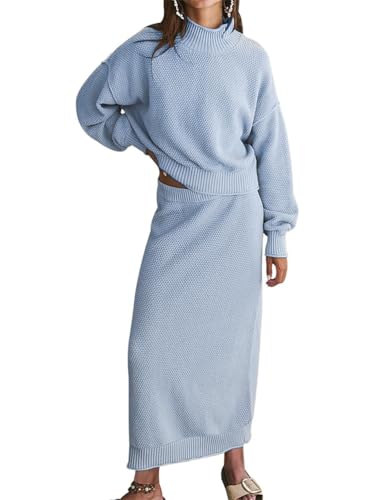 ORANDESIGNE Strickkleid Damen Winter Strick Anzug Elegant Rollkragenpullover und Strickrock Midi 2 Teiler Casual Lose Langarm Pulli Oberteile Zweiteiler A Hellblau S von ORANDESIGNE