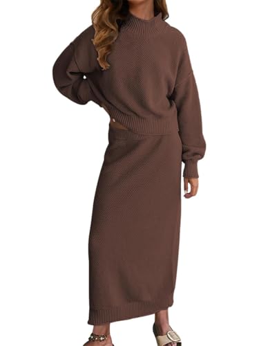 ORANDESIGNE Strickkleid Damen Winter Strick Anzug Elegant Rollkragenpullover und Strickrock Midi 2 Teiler Casual Lose Langarm Pulli Oberteile Zweiteiler A Kaffee S von ORANDESIGNE