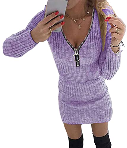 ORANDESIGNE Strickkleid Damen Winter Tunika Kleid V-Ausschnitt Langarm Minikleid Elegante Winterkleid Strickkleider Sweater Kleid Z1 Violett 3XL von ORANDESIGNE