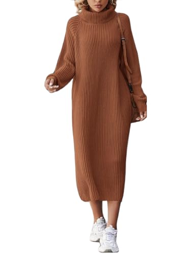 ORANDESIGNE Strickkleid Lang Damen Winter Rollkragen Minikleid Langarm Strickkleider Fraun Winterkleid Hohe Elastizität Pulloverkleid Herbst Winter Knitted Dress Freizeitkleid A Braun M von ORANDESIGNE