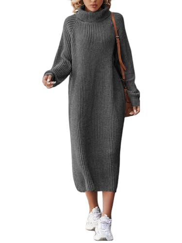 ORANDESIGNE Strickkleid Lang Damen Winter Rollkragen Minikleid Langarm Strickkleider Fraun Winterkleid Hohe Elastizität Pulloverkleid Herbst Winter Knitted Dress Freizeitkleid A Dunkelgrau M von ORANDESIGNE