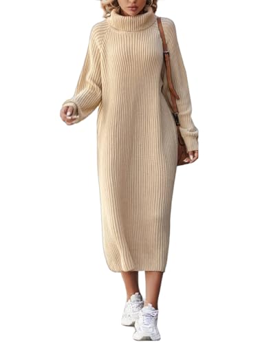 ORANDESIGNE Strickkleid Lang Damen Winter Rollkragen Minikleid Langarm Strickkleider Fraun Winterkleid Hohe Elastizität Pulloverkleid Herbst Winter Knitted Dress Freizeitkleid A Khaki M von ORANDESIGNE