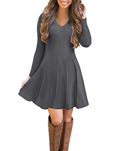 ORANDESIGNE Strickkleider Damen Pulloverkleid Elegante Pullover Rundhals Winterkleid Casual 3/26-Arm Minikleid Strickkleider Tunika Kleid Sweater Kleid M Grau 36 von ORANDESIGNE