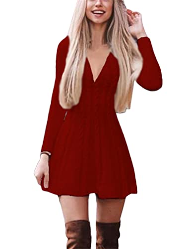ORANDESIGNE Strickkleider Damen Pulloverkleid Elegante Pullover Rundhals Winterkleid Casual 3/4-Arm Minikleid Strickkleider Tunika Kleid Sweater Kleid J Weinrot 36 von ORANDESIGNE