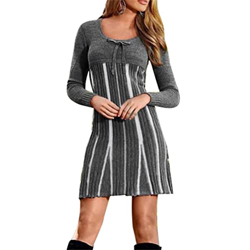 ORANDESIGNE Strickkleider Damen Pulloverkleid Elegante Pullover Rundhals Winterkleid Casual 3/4-Arm Minikleid Strickkleider Tunika Kleid Sweater Kleid L Grau 42 von ORANDESIGNE