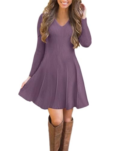ORANDESIGNE Strickkleider Damen Pulloverkleid Elegante Pullover Rundhals Winterkleid Casual 3/40-Arm Minikleid Strickkleider Tunika Kleid Sweater Kleid M Violett 36 von ORANDESIGNE