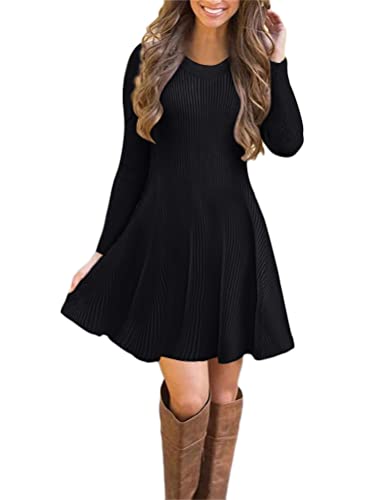 ORANDESIGNE Strickkleider Damen Pulloverkleid Elegante Pullover Rundhals Winterkleid Casual 3/57-Arm Minikleid Strickkleider Tunika Kleid Sweater Kleid N Schwarz 42 von ORANDESIGNE