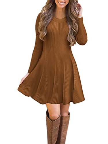 ORANDESIGNE Strickkleider Damen Pulloverkleid Elegante Pullover Rundhals Winterkleid Casual 3/70-Arm Minikleid Strickkleider Tunika Kleid Sweater Kleid N Braun 40 von ORANDESIGNE