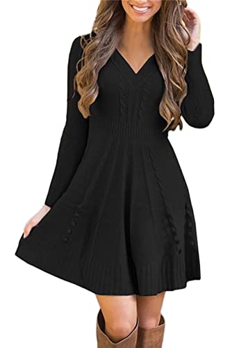 ORANDESIGNE Strickkleider Damen Pulloverkleid Elegante Pullover V-Ausschnitt Winterkleid Casual Langarm Minikleid Strickkleider Tunika Kleid Sweater Kleid B Schwarz 36 von ORANDESIGNE