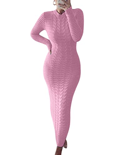 ORANDESIGNE Strickklied Damen Winter Lang Maxikleid Herbst Winter Langarm Kleid Eng Strick Bodycon Kleider Warm Winterkleid Festlich Elastische Casual Elegant Etuikleid Freizeitkleider Rosa XXL von ORANDESIGNE