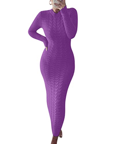 ORANDESIGNE Strickklied Damen Winter Lang Maxikleid Herbst Winter Langarm Kleid Eng Strick Bodycon Kleider Warm Winterkleid Festlich Elastische Casual Elegant Etuikleid Freizeitkleider Violett S von ORANDESIGNE