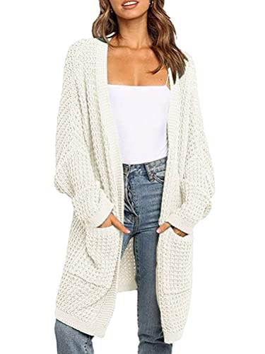 ORANDESIGNE Strickmantel Damen Strickjacke Fledermausärmel Cardigan Lang Elegant Strickmantel Frauen Casual Strickcardigan Langarm Gestrickt Knielänge Sweater Outwear mit Tasche 01 Beige M von ORANDESIGNE