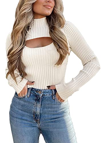 ORANDESIGNE Strickpullover Damen Gerippter Pullover Winterpullover Strickpulli Sweater Lässig Outwear Elegant Einfarbig Sweater Pulli Langarm Casual Sexy U-Ausschnitt Pullover A Beige S von ORANDESIGNE