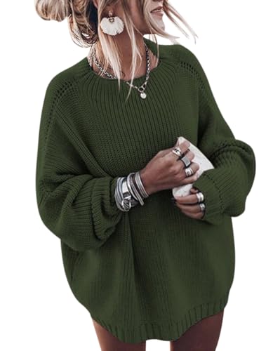 ORANDESIGNE Strickpullover Damen Grobmaschig Oversize Winter Pullover Warm Lang Grobstrick Pulli Netz Häkel Grobstrickpullover Grob Strickpulli Dickes Sweatshirt Knitted Sweater Jumper Armeegrün L von ORANDESIGNE