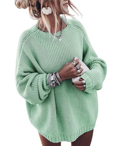 ORANDESIGNE Strickpullover Damen Grobmaschig Oversize Winter Pullover Warm Lang Grobstrick Pulli Netz Häkel Grobstrickpullover Grob Strickpulli Dickes Sweatshirt Knitted Sweater Jumper Grün L von ORANDESIGNE