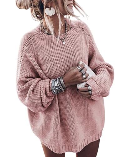 ORANDESIGNE Strickpullover Damen Grobmaschig Oversize Winter Pullover Warm Lang Grobstrick Pulli Netz Häkel Grobstrickpullover Grob Strickpulli Dickes Sweatshirt Knitted Sweater Jumper Hellrosa M von ORANDESIGNE