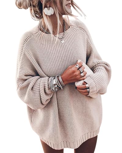 ORANDESIGNE Strickpullover Damen Grobmaschig Oversize Winter Pullover Warm Lang Grobstrick Pulli Netz Häkel Grobstrickpullover Grob Strickpulli Dickes Sweatshirt Knitted Sweater Jumper Khaki XL von ORANDESIGNE