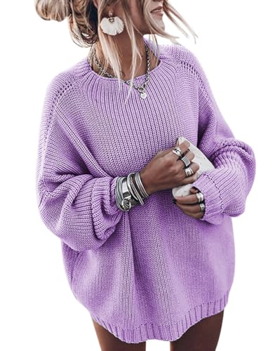 ORANDESIGNE Strickpullover Damen Grobmaschig Oversize Winter Pullover Warm Lang Grobstrick Pulli Netz Häkel Grobstrickpullover Grob Strickpulli Dickes Sweatshirt Knitted Sweater Jumper Lila L von ORANDESIGNE