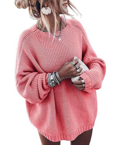 ORANDESIGNE Strickpullover Damen Grobmaschig Oversize Winter Pullover Warm Lang Grobstrick Pulli Netz Häkel Grobstrickpullover Grob Strickpulli Dickes Sweatshirt Knitted Sweater Jumper Rosa XL von ORANDESIGNE