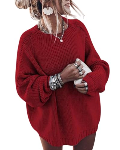 ORANDESIGNE Strickpullover Damen Grobmaschig Oversize Winter Pullover Warm Lang Grobstrick Pulli Netz Häkel Grobstrickpullover Grob Strickpulli Dickes Sweatshirt Knitted Sweater Jumper Rot M von ORANDESIGNE