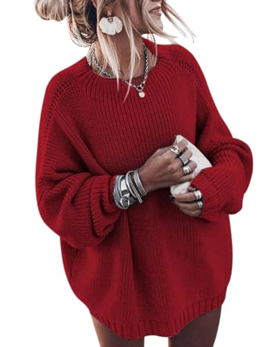 ORANDESIGNE Strickpullover Damen Grobmaschig Oversize Winter Pullover Warm Lang Grobstrick Pulli Netz Häkel Grobstrickpullover Grob Strickpulli Dickes Sweatshirt Knitted Sweater Jumper Rot XL von ORANDESIGNE