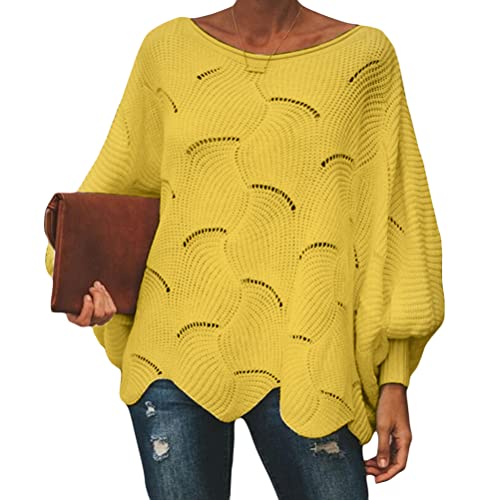 ORANDESIGNE Strickpullover Damen Grobmaschig Winter Pullover Elegant Festlich Langarmshirt Locker Sweatshirt Warm Fledermausärmel Oberteil Jumper Casual Grobstrickpullover Langarm Shirt A Gelb 3XL von ORANDESIGNE