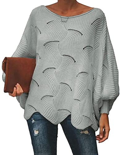 ORANDESIGNE Strickpullover Damen Grobmaschig Winter Pullover Elegant Festlich Langarmshirt Locker Sweatshirt Warm Fledermausärmel Oberteil Jumper Casual Grobstrickpullover Langarm Shirt A Grau L von ORANDESIGNE
