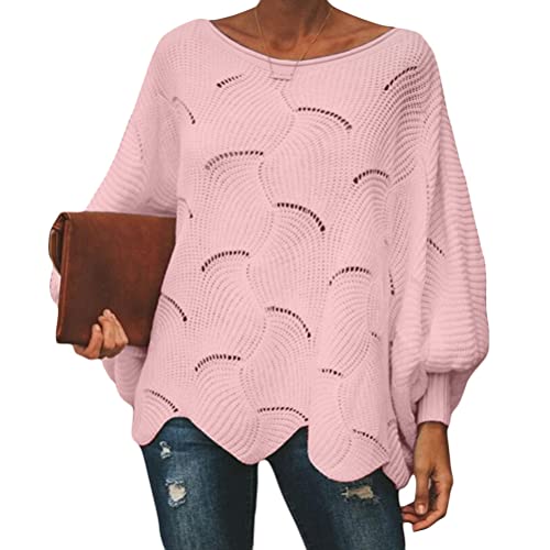 ORANDESIGNE Strickpullover Damen Grobmaschig Winter Pullover Elegant Festlich Langarmshirt Locker Sweatshirt Warm Fledermausärmel Oberteil Jumper Casual Grobstrickpullover Langarm Shirt A Rosa XL von ORANDESIGNE