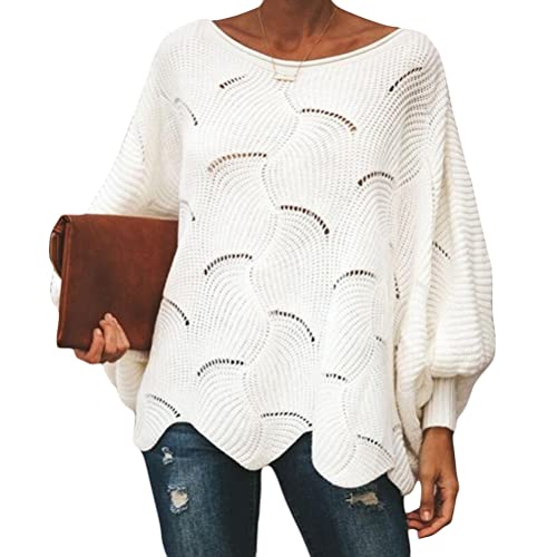 ORANDESIGNE Strickpullover Damen Grobmaschig Winter Pullover Elegant Festlich Langarmshirt Locker Sweatshirt Warm Fledermausärmel Oberteil Jumper Casual Grobstrickpullover Langarm Shirt A Weiß XL von ORANDESIGNE