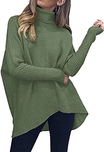 ORANDESIGNE Strickpullover Damen Oversize Rollkragenpullover Lang Winter Asymmetrischer Pullover Fledermausärmel TurtleneckLongsleeve Casual Lose Strickpulli A Dunkelgrün XL von ORANDESIGNE