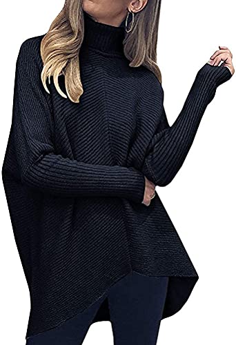 ORANDESIGNE Strickpullover Damen Oversize Rollkragenpullover Lang Winter Asymmetrischer Pullover Fledermausärmel TurtleneckLongsleeve Casual Lose Strickpulli A Schwarz M von ORANDESIGNE