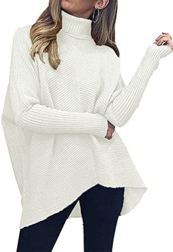 ORANDESIGNE Strickpullover Damen Oversize Rollkragenpullover Lang Winter Asymmetrischer Pullover Fledermausärmel TurtleneckLongsleeve Casual Lose Strickpulli A Weiß S von ORANDESIGNE