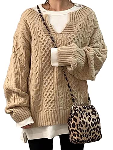 ORANDESIGNE Strickpullover Damen V-Ausschnitt Pullover Winter Langarmshirt Oversize Strickpulli Casual Oberteile Tops Outwear Camel 3XL von ORANDESIGNE