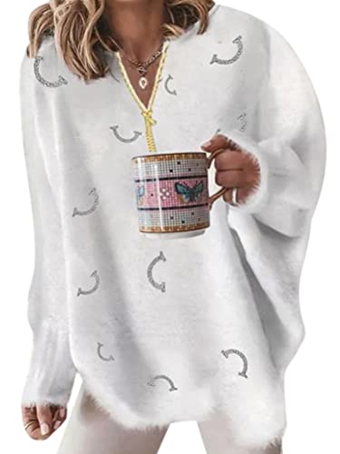 ORANDESIGNE Strickpullover Damen Winter Warme Kuschelig Elegant Pullover mit Spitze V Ausschnitt Casual Strick Knitted Sweater Locker Sweatshirt Strickpulli Moderne Langarmshirt Oberteil F Weiß XL von ORANDESIGNE