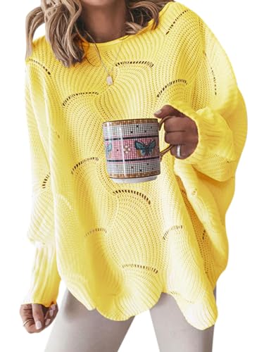 ORANDESIGNE Strickpullover Damen Winter Warme Kuschelig Elegant Pullover mit Spitze V Ausschnitt Casual Strick Knitted Sweater Locker Sweatshirt Strickpulli Moderne Langarmshirt Oberteil H Gelb XL von ORANDESIGNE