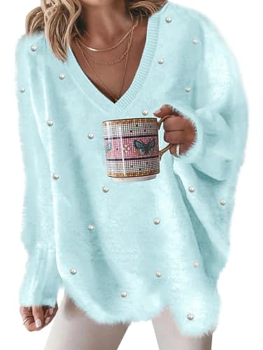 ORANDESIGNE Strickpullover Damen Winter Warme Kuschelig Elegant Pullover mit Spitze V Ausschnitt Casual Strick Knitted Sweater Locker Sweatshirt Strickpulli Moderne Langarmshirt Oberteil K Blau XL von ORANDESIGNE