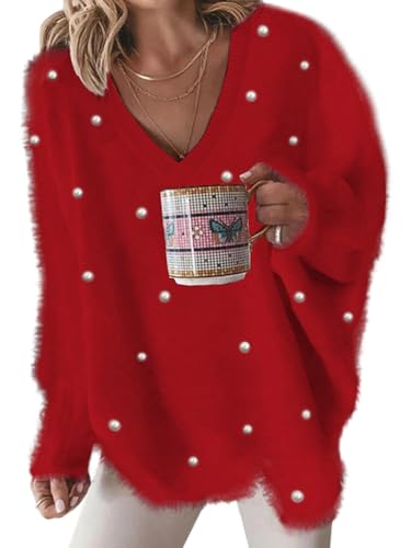 ORANDESIGNE Strickpullover Damen Winter Warme Kuschelig Elegant Pullover mit Spitze V Ausschnitt Casual Strick Knitted Sweater Locker Sweatshirt Strickpulli Moderne Langarmshirt Oberteil K Rot XS von ORANDESIGNE