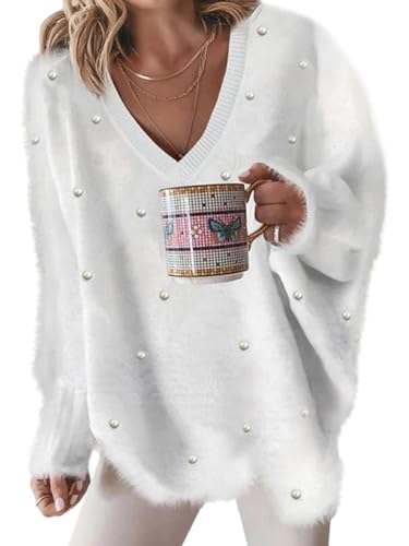 ORANDESIGNE Strickpullover Damen Winter Warme Kuschelig Elegant Pullover mit Spitze V Ausschnitt Casual Strick Knitted Sweater Locker Sweatshirt Strickpulli Moderne Langarmshirt Oberteil K Weiß XS von ORANDESIGNE