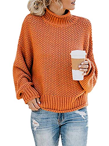 ORANDESIGNE Strickpullover Rollkragen Damen Pullover Jumper Strick Pulli Oversize Langarm Strickpulli Stricksweatshirt Orange 38 von ORANDESIGNE