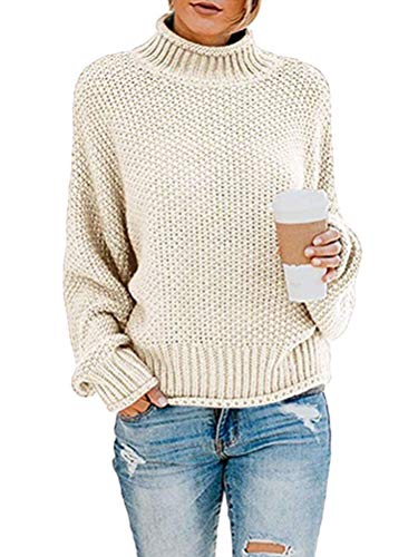 ORANDESIGNE Strickpullover Rollkragen Damen Pullover Jumper Strick Pulli Oversize Langarm Strickpulli Stricksweatshirt Weiß 42 von ORANDESIGNE