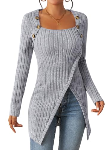 ORANDESIGNE Sweatshirt Long Damen Langarm Oberteil Elegant Lässige Tunika T-Shirt Langarmshirt Karree Ausschnitt Modischem Asymmetrischer Langer Strick Pullover Mit Schlitz Grau XXL von ORANDESIGNE