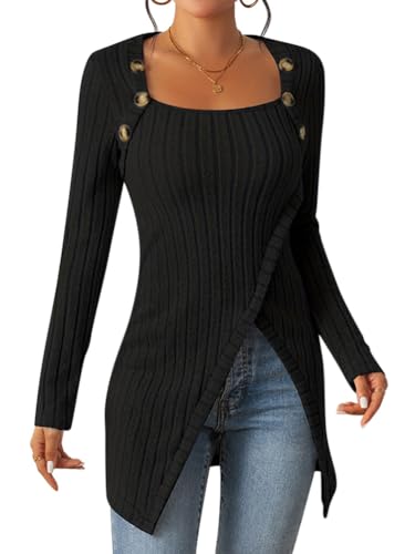 ORANDESIGNE Sweatshirt Long Damen Langarm Oberteil Elegant Lässige Tunika T-Shirt Langarmshirt Karree Ausschnitt Modischem Asymmetrischer Langer Strick Pullover Mit Schlitz Schwarz M von ORANDESIGNE