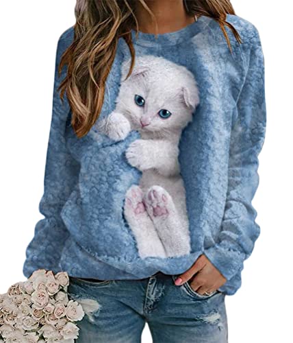 ORANDESIGNE Sweatshirts Damen Pullover Katzendruck Langarmshirt Rundhals Lässig Langarm Sweatshirt ohne Kapuze Frühling Herbst Teenager Mädchen Lockerer Pulli Tops Oberteile A Blau XS von ORANDESIGNE