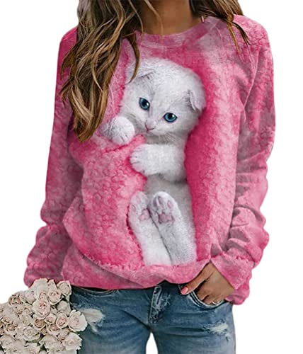 ORANDESIGNE Sweatshirts Damen Pullover Katzendruck Langarmshirt Rundhals Lässig Langarm Sweatshirt ohne Kapuze Frühling Herbst Teenager Mädchen Lockerer Pulli Tops Oberteile A Rosa L von ORANDESIGNE