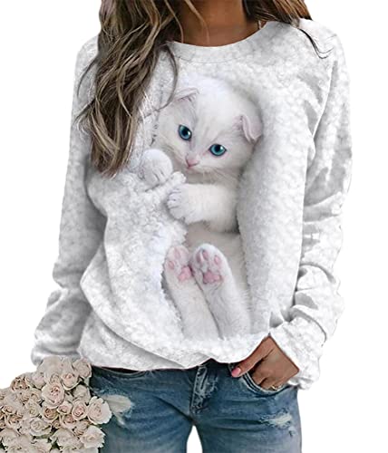 ORANDESIGNE Sweatshirts Damen Pullover Katzendruck Langarmshirt Rundhals Lässig Langarm Sweatshirt ohne Kapuze Frühling Herbst Teenager Mädchen Lockerer Pulli Tops Oberteile A Weiß 3XL von ORANDESIGNE