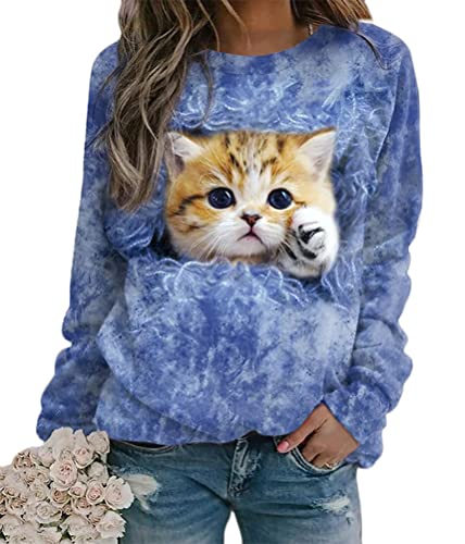 ORANDESIGNE Sweatshirts Damen Pullover Katzendruck Langarmshirt Rundhals Lässig Langarm Sweatshirt ohne Kapuze Frühling Herbst Teenager Mädchen Lockerer Pulli Tops Oberteile B Blau XS von ORANDESIGNE