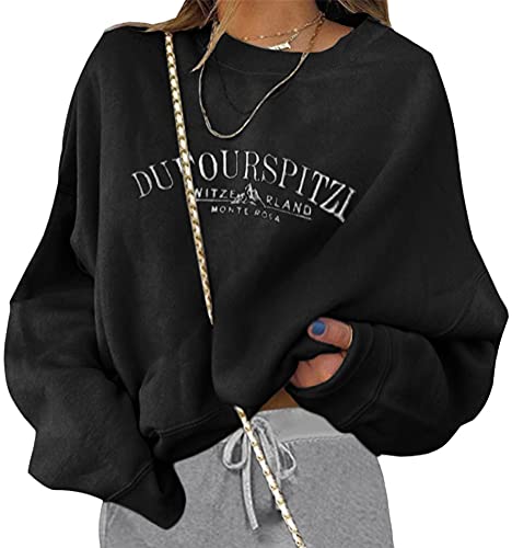 ORANDESIGNE Sweatshirts Für Damen Lange Ärmel Pullover Winter Rundhals Vintage Streetwear Oversized Briefe Drucken Mädchen Sportbekleidung Casual Top Chic Hoodie B Schwarz XXL von ORANDESIGNE